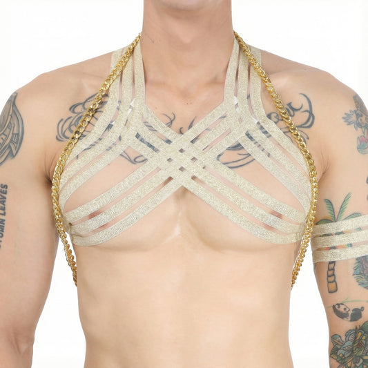 Chain & Elastic Men's Harness - Golden - Harness + Chain - image 1
