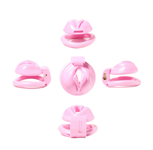Cuck Denier: Pink Pussy Shaped Resin Sissy Chastity Cage - image 0