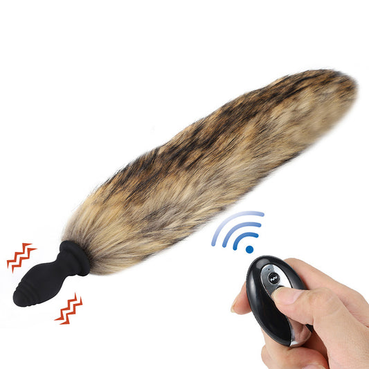 Detachable Fox Tail Vibrating Anal Plug with Remote - Khaki Vibrating - Remote Control - image 1