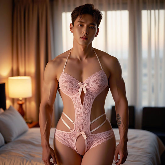 Men's Pink Lace Open-Crotch Bodysuit - Pink - L - image 1