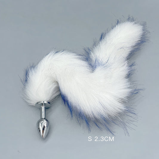 White & Blue Fox Tail Plug with Removable Metal Base - S - image 1