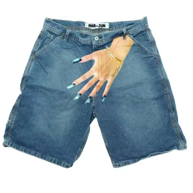 Men's Hip Hop Funny One Hand Printed Skateboarding Denim Shorts - H - XXL - image 10