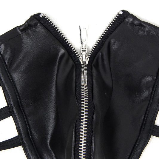 PU Leather Men's Underwear Lingerie Thong with Front Zipper - image 1