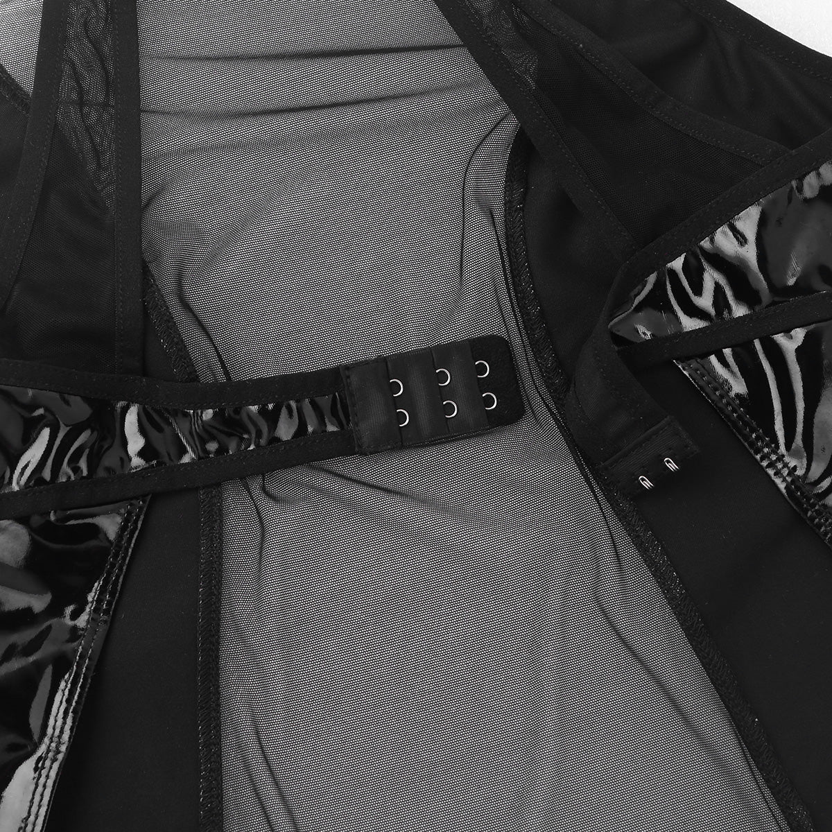 Women's One-Piece Wet Look Faux Leather Lingerie / Mesh Splice Zipper Crotch Bodysuit - image 7