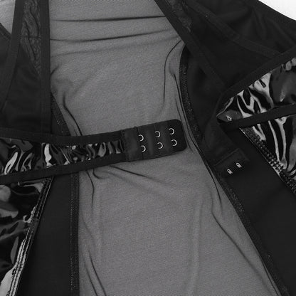 Women's One-Piece Wet Look Faux Leather Lingerie / Mesh Splice Zipper Crotch Bodysuit - image 7