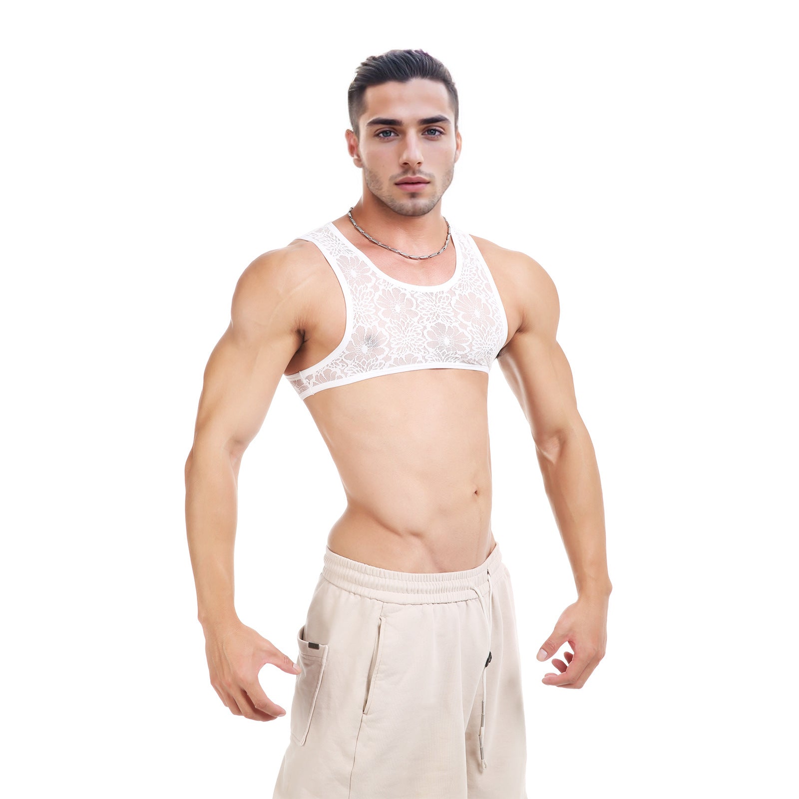 Men Tank Top Vest Lace Sleeveless Shirt Bra - image 3