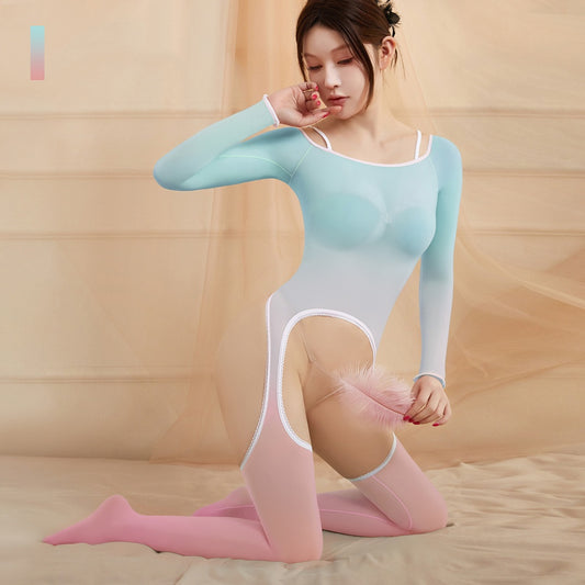 Gradient Suspender Bodystocking - Blue-Pink Ombre - One Size - image 1