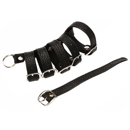 Six-Ring Pu Leather Cock Cage - Black - image 0