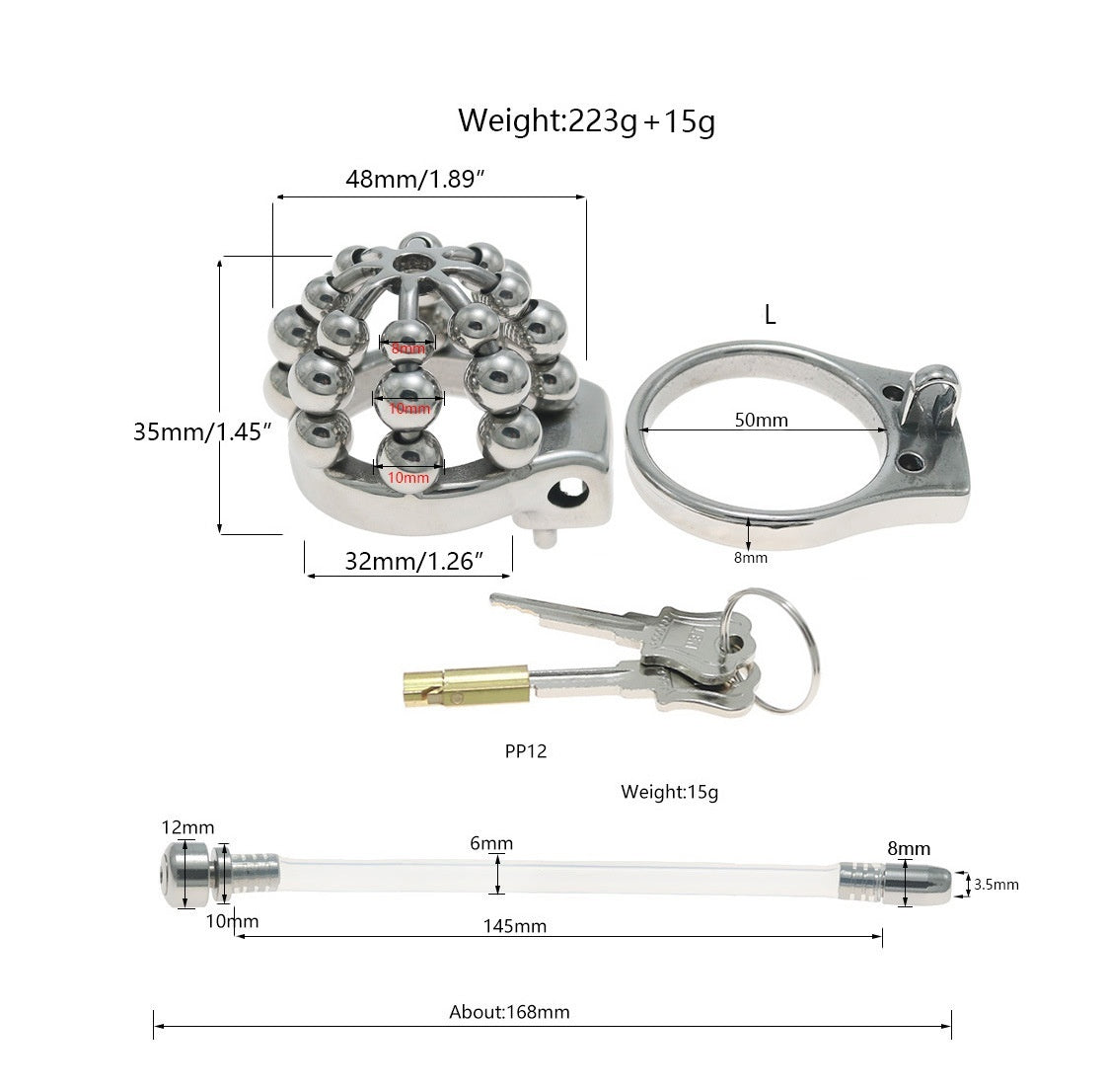 24-Bead Stainless Steel Chastity Cage with Urethral Tube - L - image 3