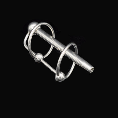 Thick Urethral Probe (with Thru Hole + 4 Glans Rings) - Silver - image 1