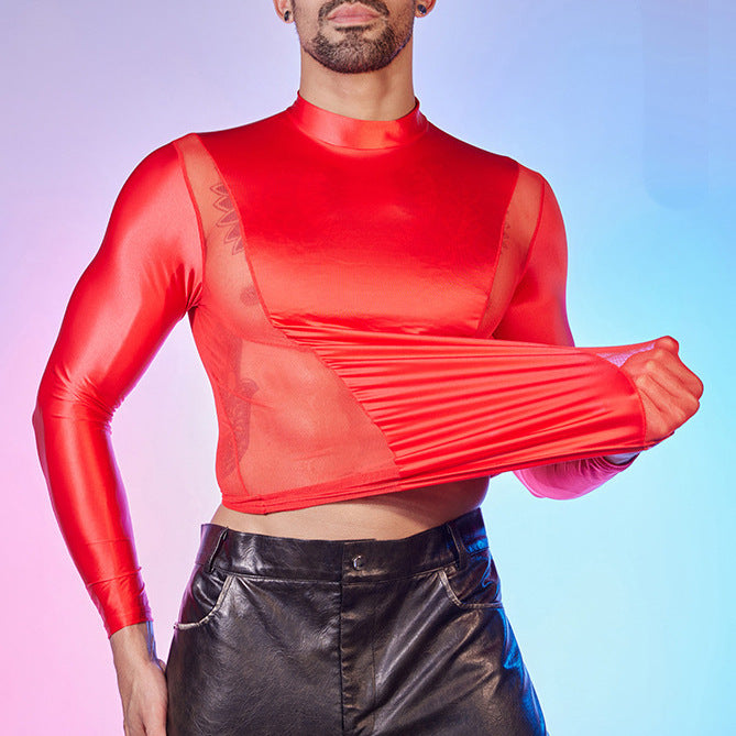 Men's Oiled Shiny High Elastic Long Sleeve Top - Red - XXXL - image 8