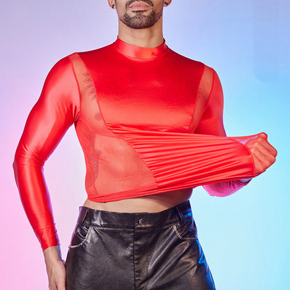 Men's Oiled Shiny High Elastic Long Sleeve Top - Red - XXXL - image 8