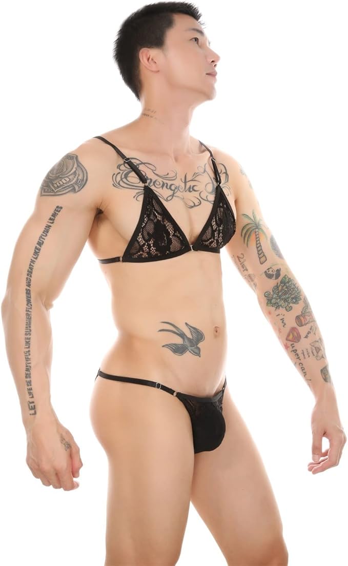Men's Deep V-neck Lace Trim Sleepwear Sissy Men's Bra - image 2