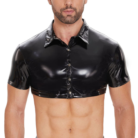 Men Sexy Leather Shirt With Glossy Pvc Leather - image 4