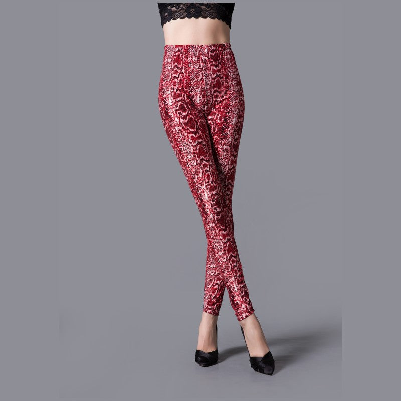 Snake Printed High-Waist Leggings - Red - One Size - image 6