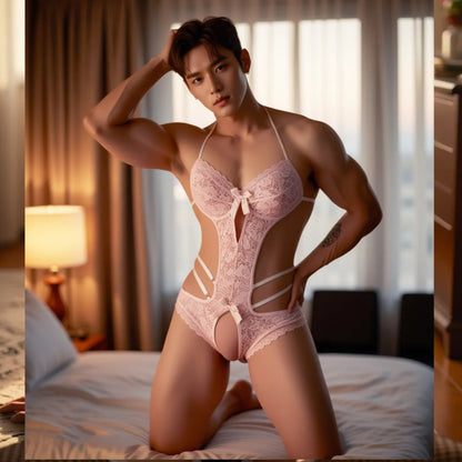 Men's Pink Lace Open-Crotch Bodysuit - image 3