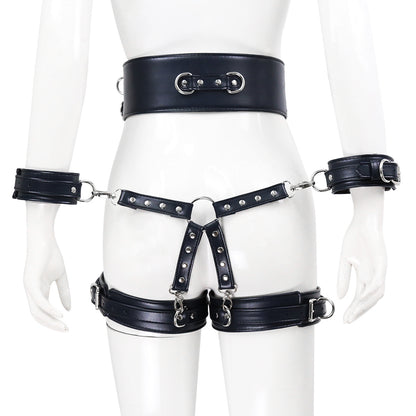 Bdsm Leather Handcuffs And Leg Cuffs with Doggy Style Harness - Dark Blue - image 3