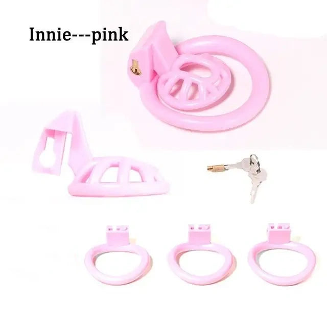 Innie/Micro/Stub Chastity Cage for Sissy Play with 3 Size Rings - A - Pink - Innie - image 5
