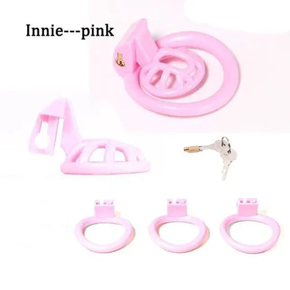 Innie/Micro/Stub Chastity Cage for Sissy Play with 3 Size Rings - A - Pink - Innie - image 5