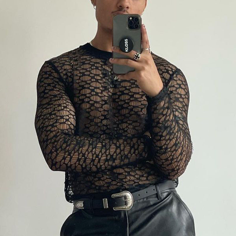 Long-Sleeve Crew Neck Lace T-Shirt - Black - XXXL - image 2