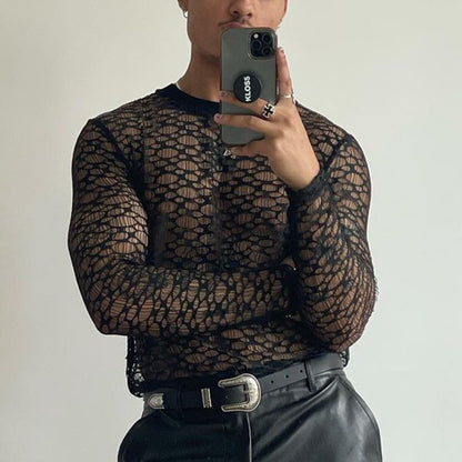 Long-Sleeve Crew Neck Lace T-Shirt - Black - XXXL - image 2