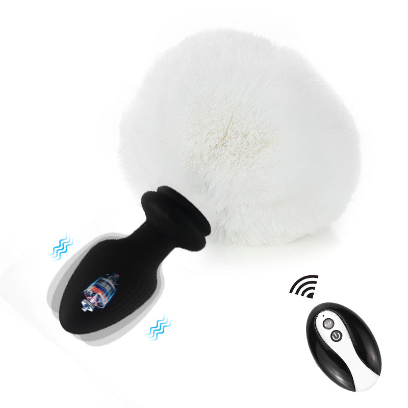 Multi-Color Bunny Tail Vibrating Anal Plug with Remote Control - White - image 9