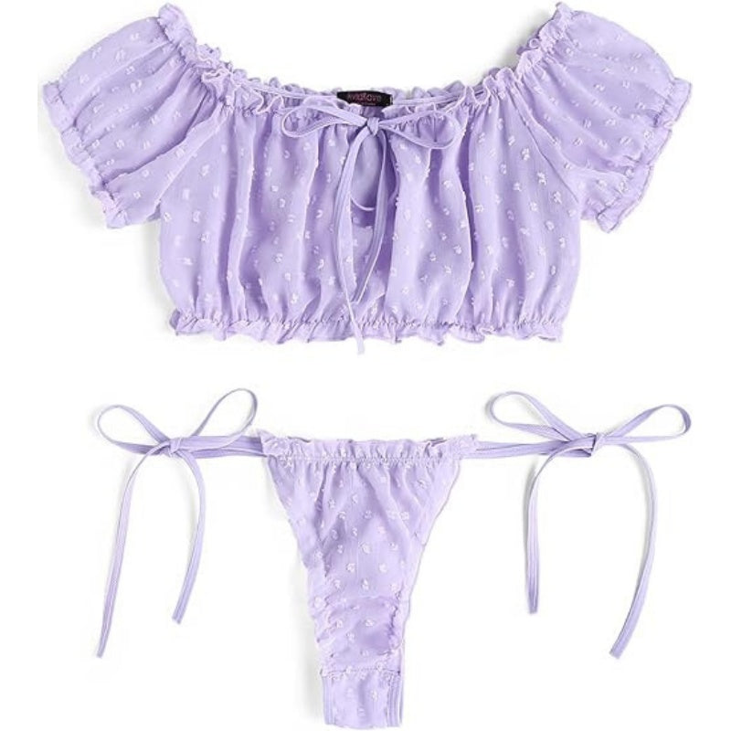 Flirty Off-Shoulder Ruffle Lingerie Set - Sheer Mesh Bra & Tie-Side Panty - J - XXXL - image 13