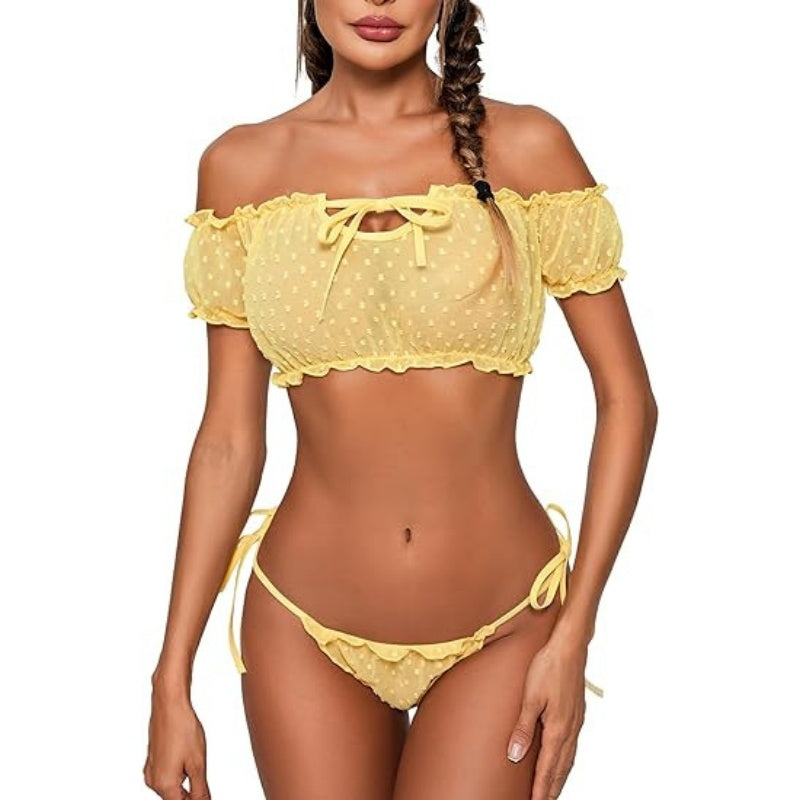 Flirty Off-Shoulder Ruffle Lingerie Set - Sheer Mesh Bra & Tie-Side Panty - U - XXXL - image 23