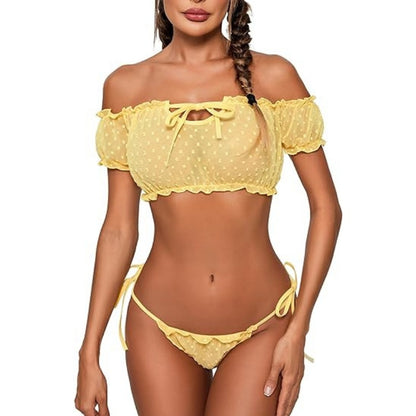 Flirty Off-Shoulder Ruffle Lingerie Set - Sheer Mesh Bra & Tie-Side Panty - U - XXXL - image 23
