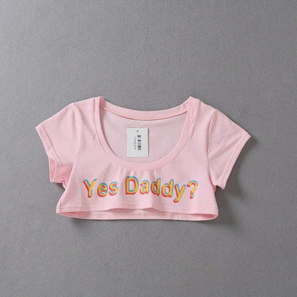 "Yes Daddy" Letter Print Fitness Crop Top - Pink - One Size - image 8