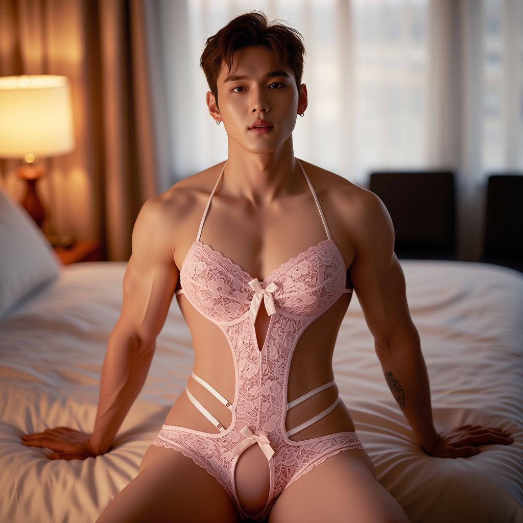 Men's Pink Lace Open-Crotch Bodysuit - image 2