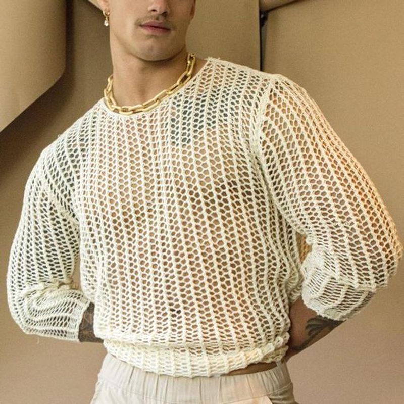 Mens Fishnet Transparent Long Sleeve T Shirt - White - XXXL - image 3