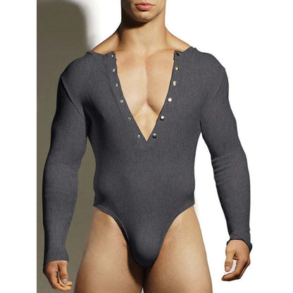 Deep V-Neck Long Sleeved Bodysuit Men Clubwear - Grey - XXXL - image 3