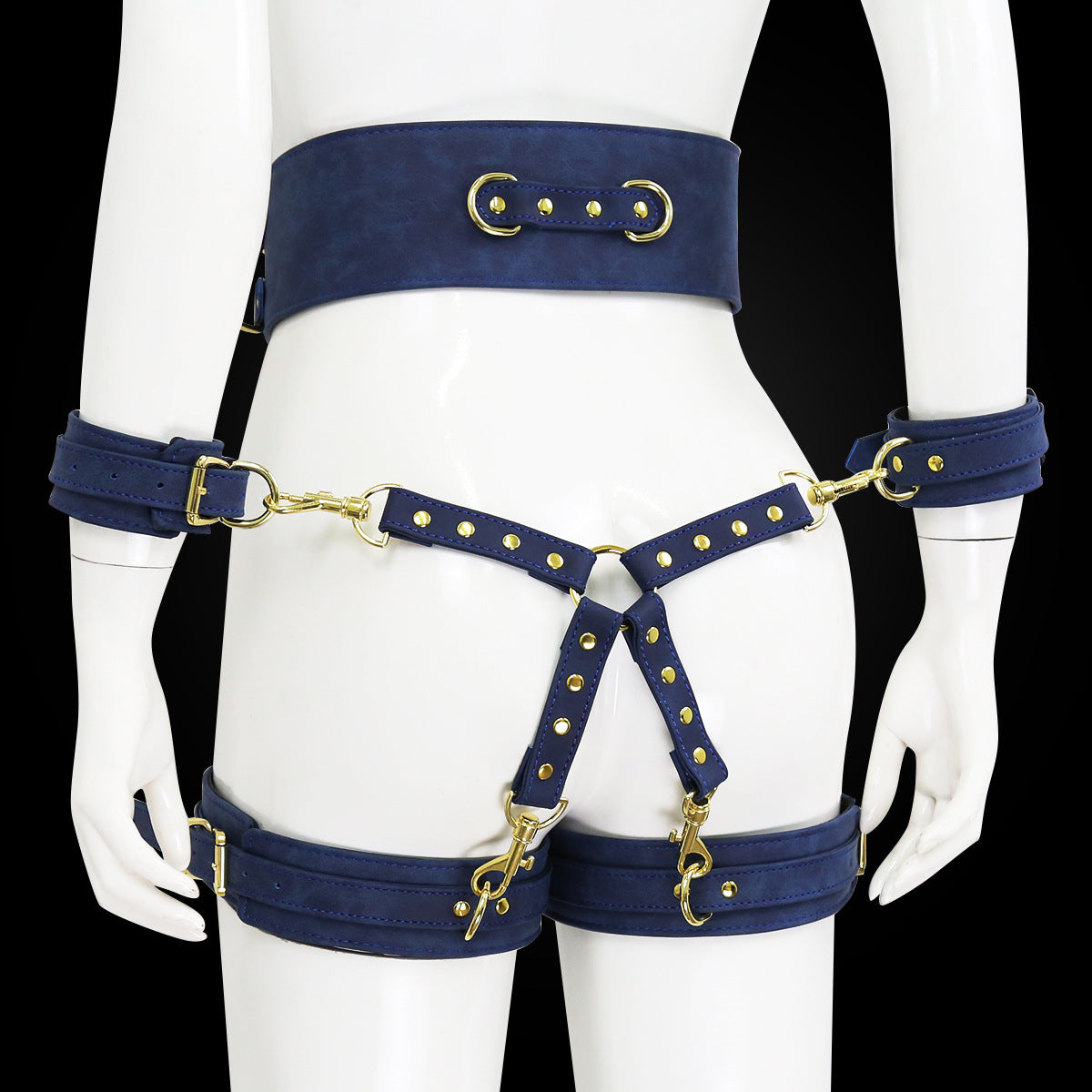 Bdsm Leather Handcuffs And Leg Cuffs with Doggy Style Harness - Blue - image 6