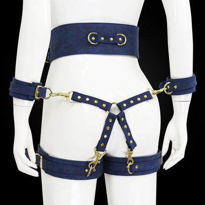 Bdsm Leather Handcuffs And Leg Cuffs with Doggy Style Harness - Blue - image 6