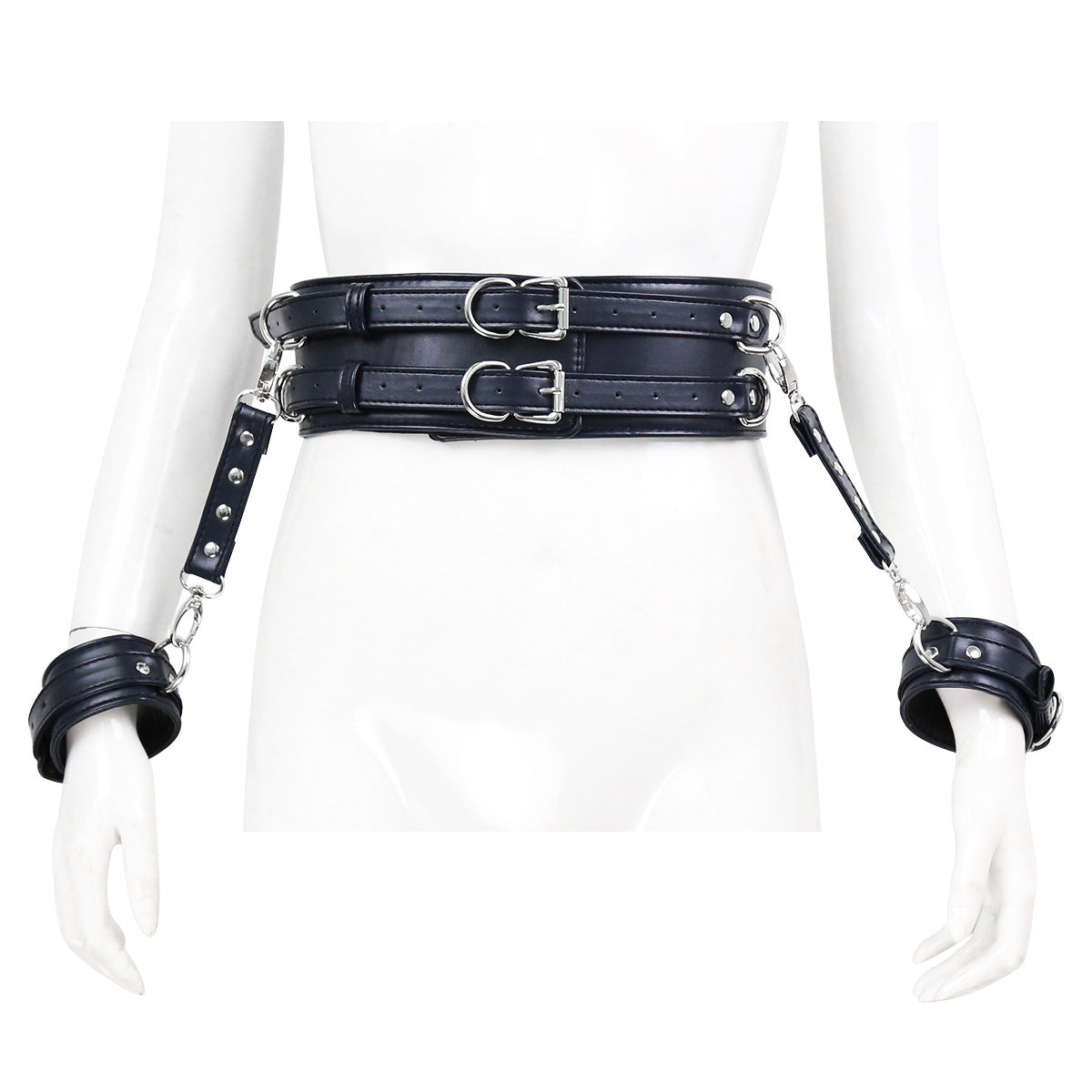 BDSM Leather Handcuffs with Waist Harness for Doggy Style - Dark Blue - image 2