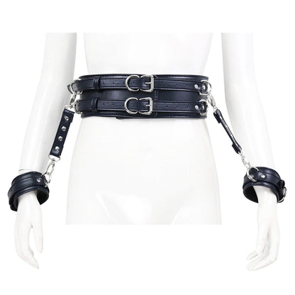 BDSM Leather Handcuffs with Waist Harness for Doggy Style - Dark Blue - image 2