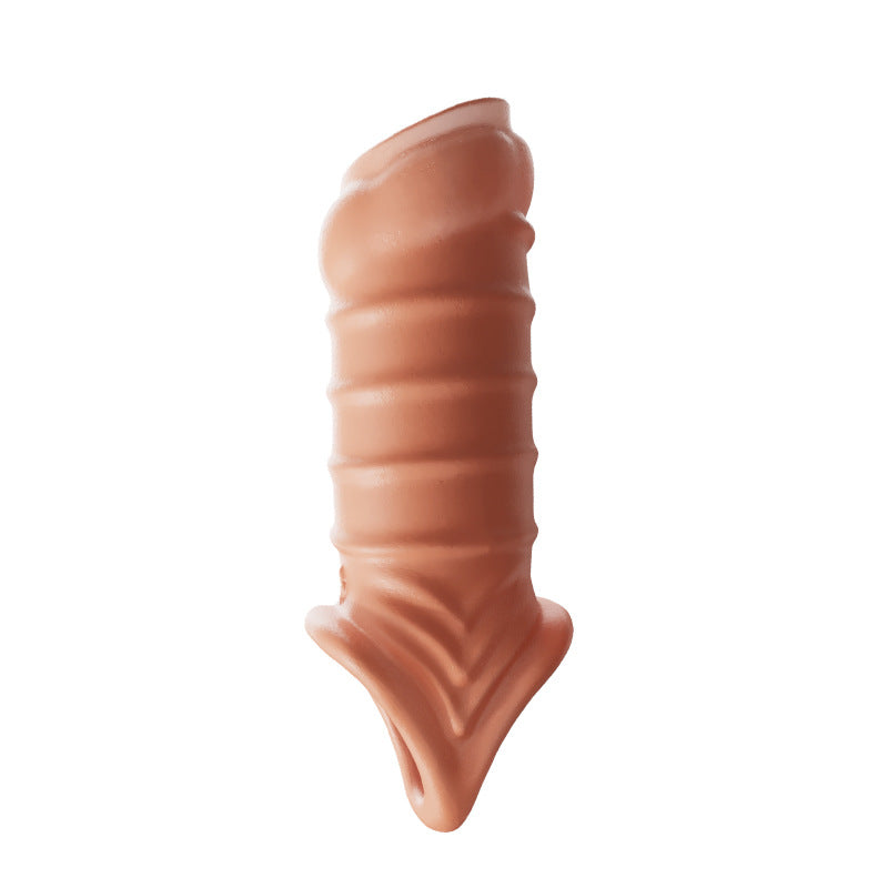 Reusable Silicone Penis Sleeve Glans Penis Enlarger Extender - Spiral - Beige - image 7