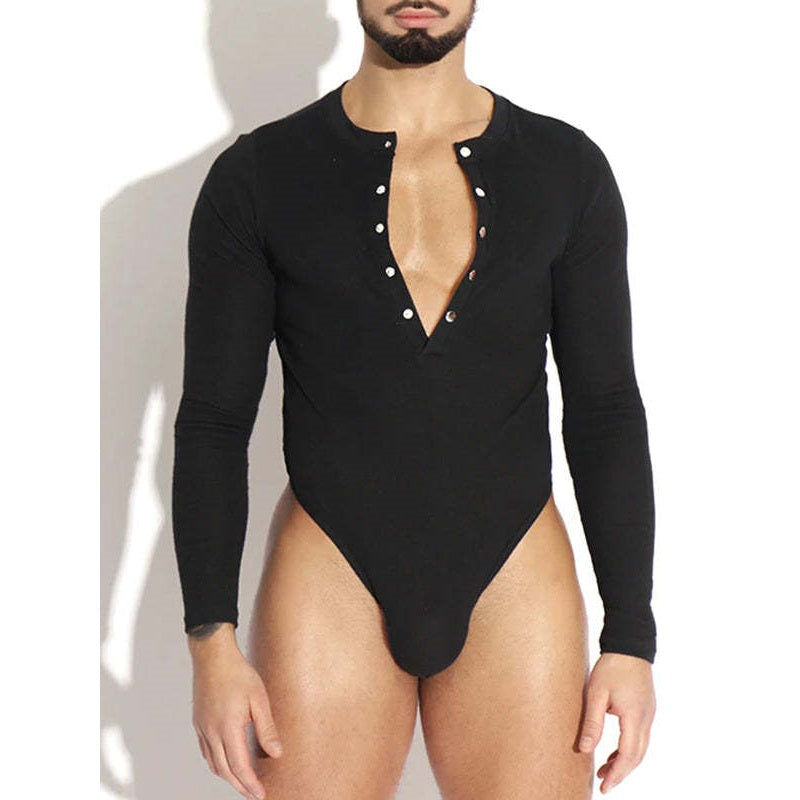Deep V-Neck Long Sleeved Bodysuit Men Clubwear - Black - XXXL - image 0