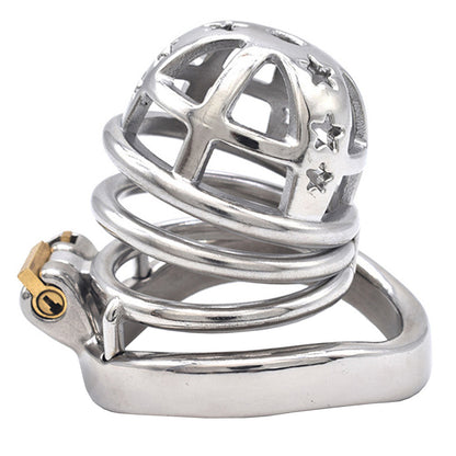 Metal Chastity Cage with Stars - 55mm Curved Ring - image 0