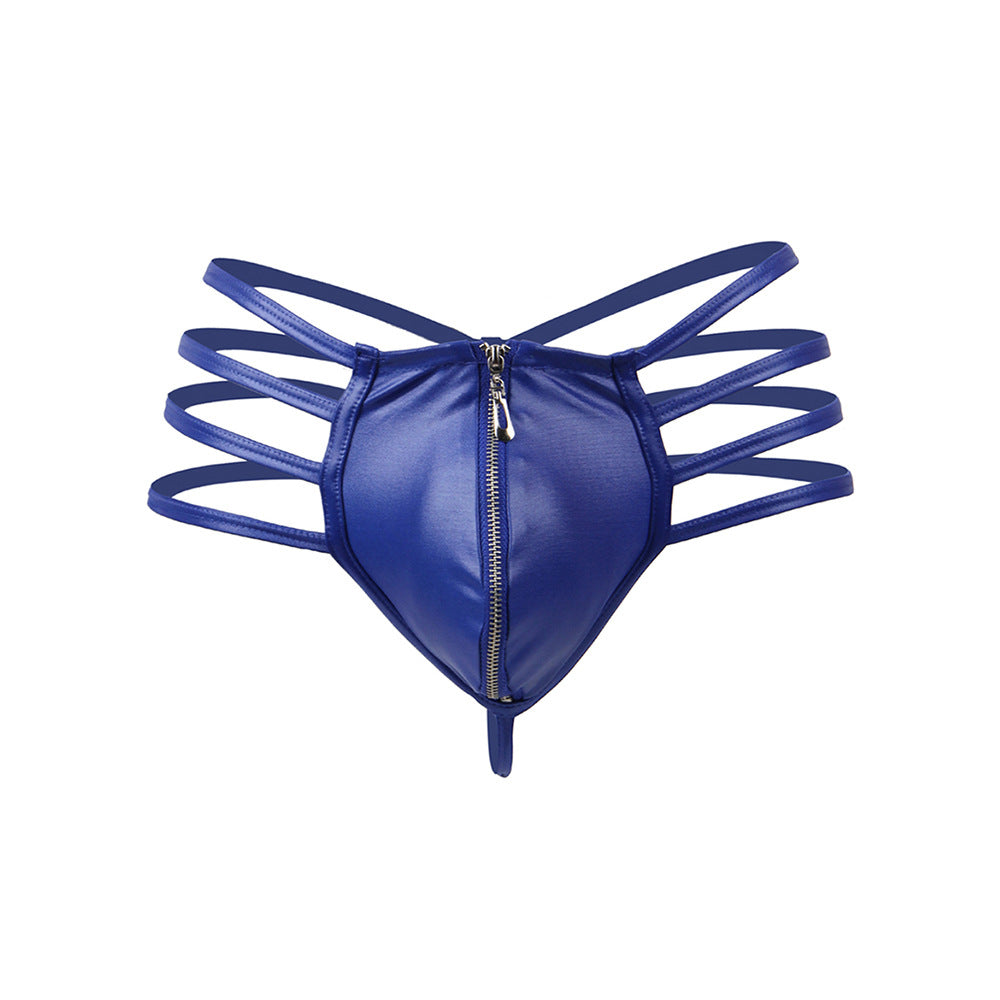 PU Leather Men's Underwear Lingerie Thong with Front Zipper - Blue - XXL - image 6