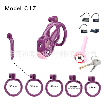 Cobra Resin Chastity Cage with 4 Rings & Catheter Tube - Purple - Small - with urethral plug - image 12