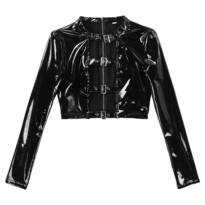 Black Long Sleeve Bodysuit Crotchless Womens Leather Lingerie Slutty Teddy - image 5