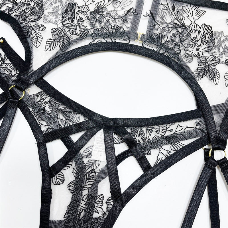 Strappy Transparent Floral Bra Thong Garter Set - image 5