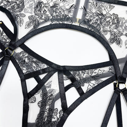 Strappy Transparent Floral Bra Thong Garter Set - image 5