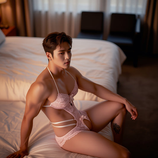 Men's Pink Lace Open-Crotch Bodysuit - image 0