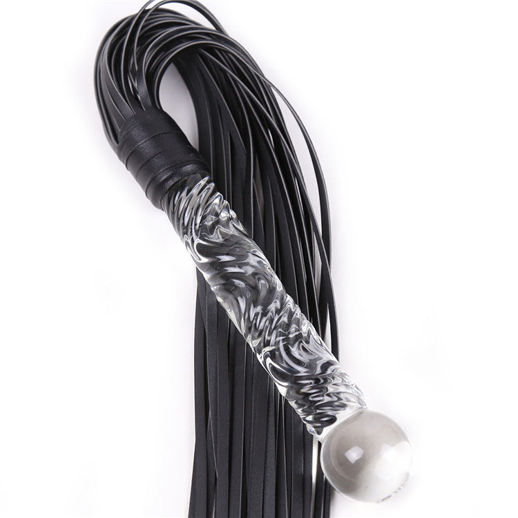 Fetish Leather Whip Flogger with Glass Pleasure Wand with Ball Tip - Black - image 1