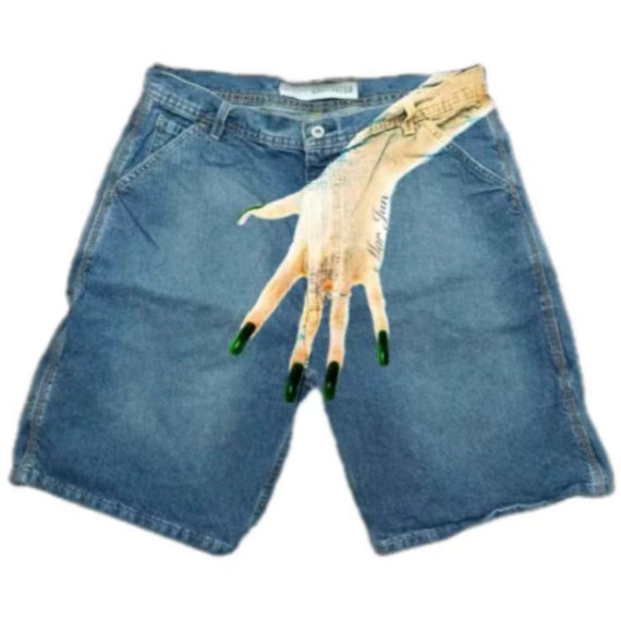 Men's Hip Hop Funny One Hand Printed Skateboarding Denim Shorts - E - XXL - image 5