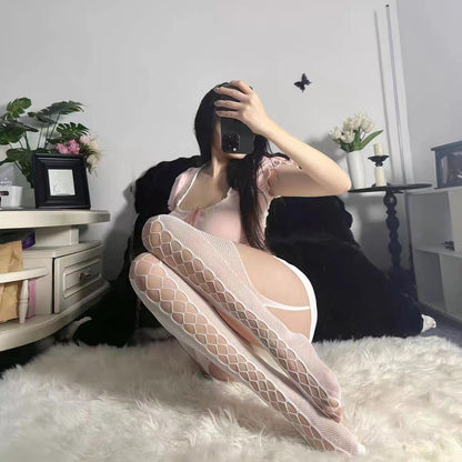 Seductive Suspender Fishnet Thigh-Highs – Bold, Sheer & Beautiful - White - One Size - image 5