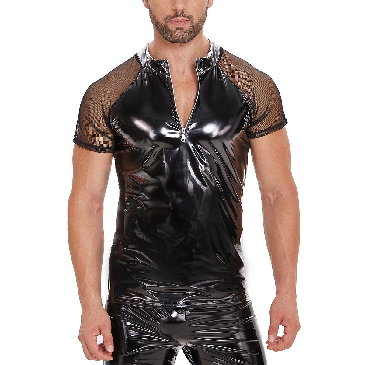 Men's Wet-look Shiny Leather T-shirt - Black - 5XL - image 2